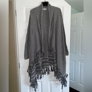 CAbi fringe long cardigan sweater Sz S gray asymmetrical hem open front cotton